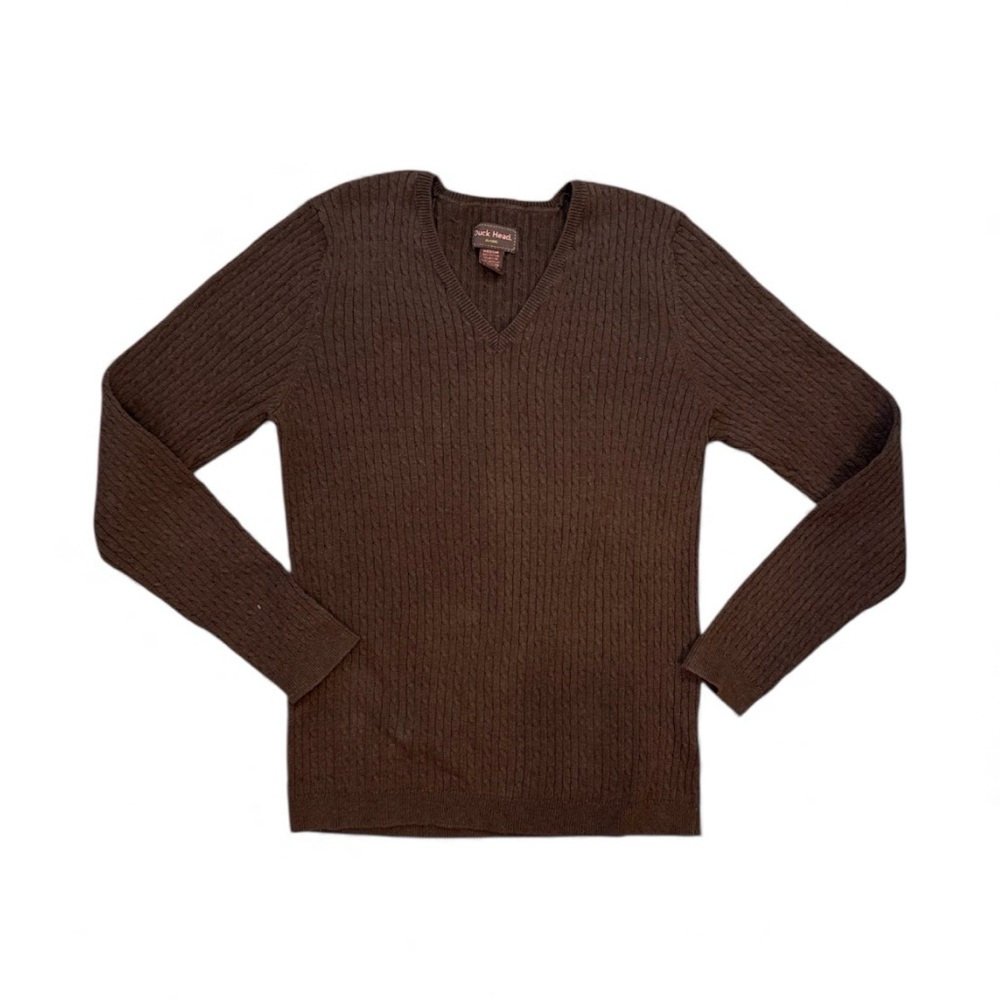 Y2K Duck Head M Chocolate Brown Cable Knit‎ Sweater V Neck Preppy Academia 90's
